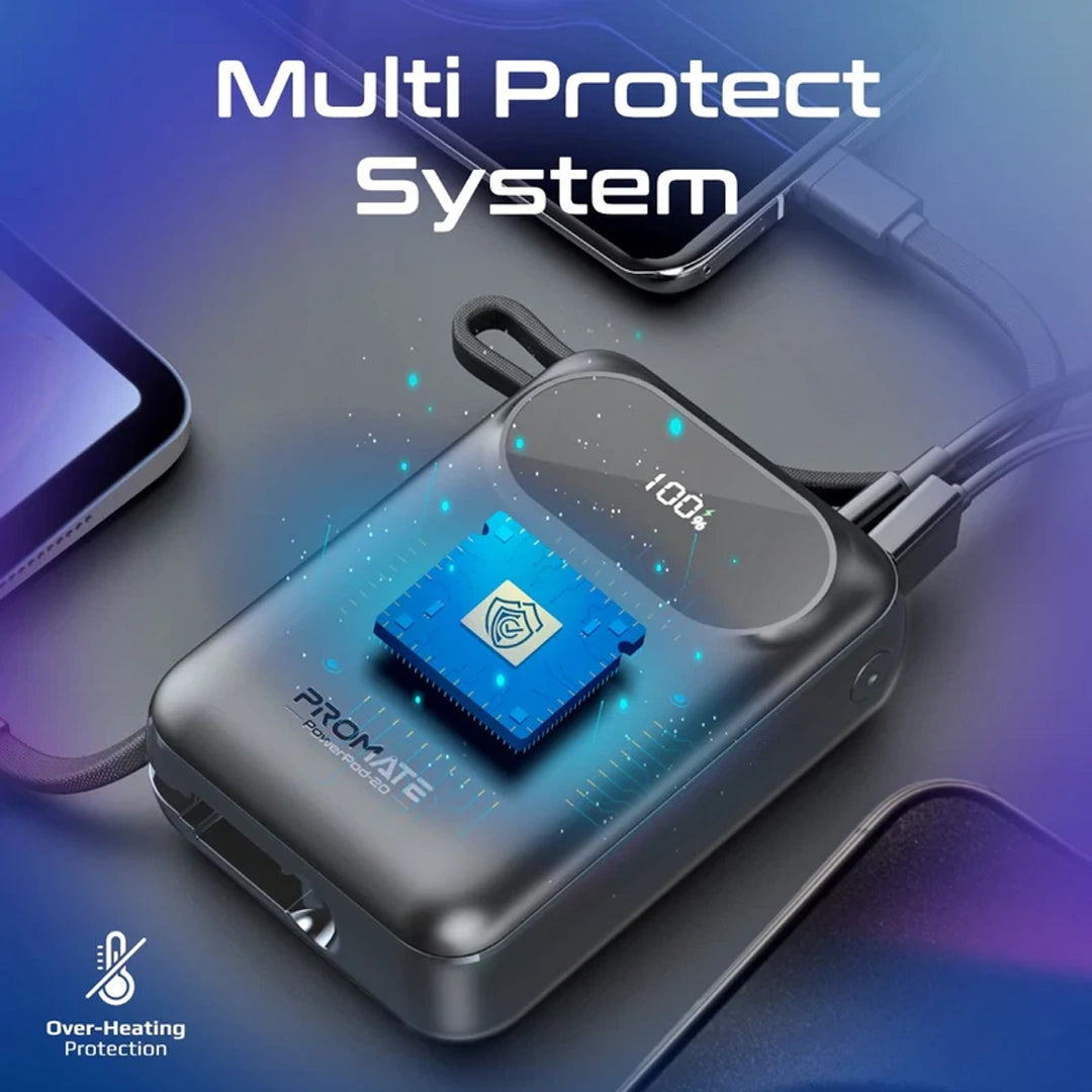 بطارية الشحن الخارجية Promate PowerPod-20 سعة 20000 مللي أمبير في الساعة فائقة الحجم بقدرة 35 وات SuperSpeed™ مع USB-C مدمج وكابل Lightning بطارية الشحن الخارجية Promate PowerPod-20 سعة 20000 مللي أمبير في الساعة فائقة الحجم بقدرة 35 وات SuperSpeed™ مع USB-C مدمج وكابل Lightning